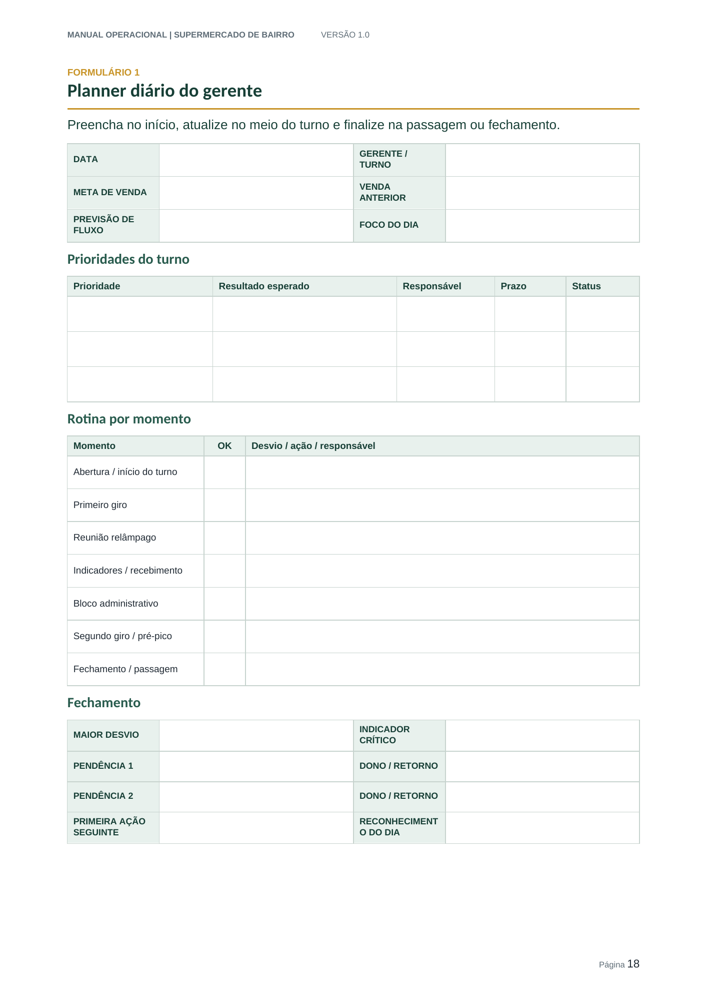 Prévia do planner diário do gerente